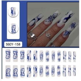 24 PCS Blue Butterfly Art, Long Length Long Water Pipe Fake Nails,Square Head Nail Tips False Nail (Option: 24pcs)
