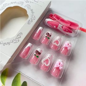 24 PCS Cherry Bow Nail Art, Long Length Long Water Pipe Fake Nails,Square Head Nail Tips False Nail (Option: 24pcs)