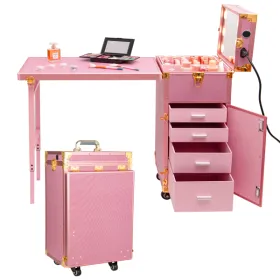 Portable Nail Table, Rolling Manicure Table W/3 Color Light And Speaker, Portable Nail Tech Desk, Foldable Nail Travel Case For Nail Tech W/Wheel (Option: defaulttitle)