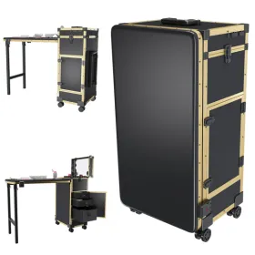 Portable Nail Art Table W/ LED Mirror, Bluetooth, Lockable Drawers, Telescopic Pole - Folding Manicure Station For Salons (black&gold) (Option: defaulttitle)