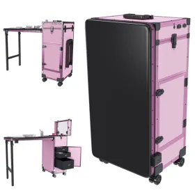 Portable Nail Art Table W/ LED Mirror, Bluetooth, Lockable Drawers, Telescopic Pole - Folding Manicure Station For Salons (Pink) (Option: defaulttitle)